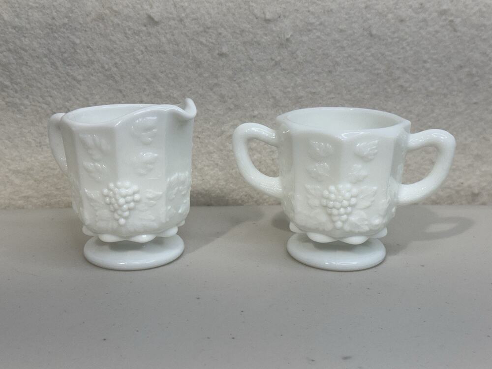 Westmoreland Milk White Glass Paneled Grape & Leaf Motif Creamer & Sugar Set VTG